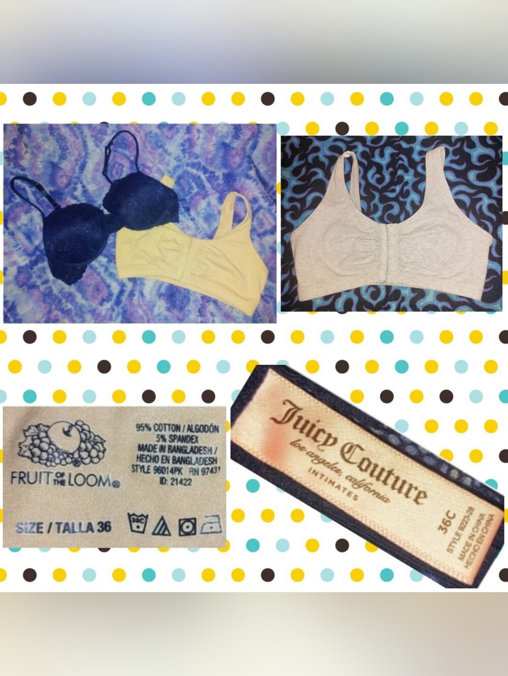 3Pc Bundle of Fruit of the Loom Bralettes Sz 36 & Juicy Couture Padded Bra 36C